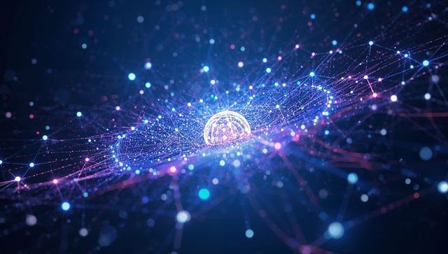 Glowing spherical core pulsing within virtual data network with luminous node ring and mesh
