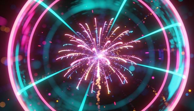 Neon particle burst radiating through futuristic tunnel rings with vibrant spark trails