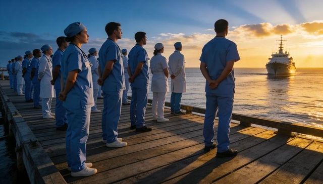 Medical team standing on pier watching ship at sunrise, healthcare unity and teamwork