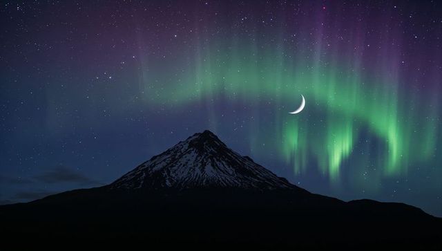 Crescent Moon over Snow-Capped Conical Mountain with Green and Purple Aurora Lights