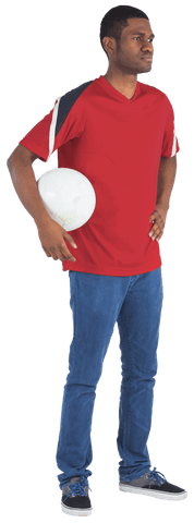African American Man Holding Soccer Ball in Red Shirt Transparent Background