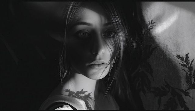 Dramatic monochrome portrait with leaf shadows, feminine and artistic
