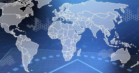 Displaying global digital map on interface with hexagon grid, arrows and data overlay