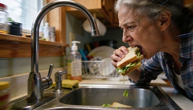 Senior woman biting sandwich while leaning over kitchen sink, lettuce dripping, candid cozy moment