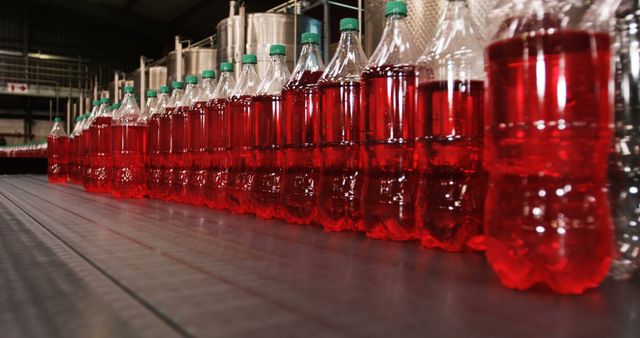 Bottles moving in production line in bottle factory