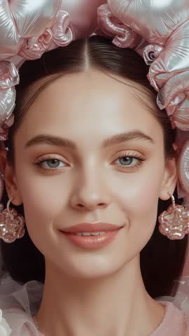 Vertical beauty portrait transforming from neutral to smile with pink floral headpiece