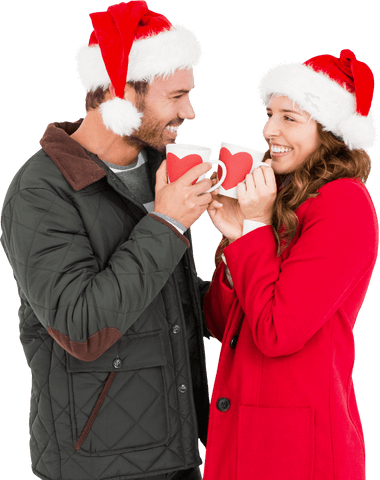 Smiling Couple Sharing Hot Drinks in Festive Attire on Transparent Background