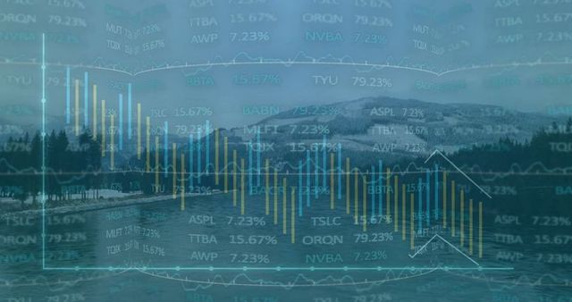 Financial Charts Merged with Alpine Landscape for Data Visualization
