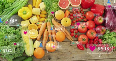 Social Metrics Over Fresh Produce Flatlay: Likes and Followers on Colorful Market Spread