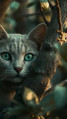 Tabby cat peeking behind tree trunk with turquoise eyes, stalking through sunlit garden