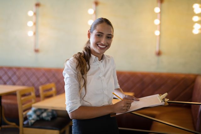 Smiling female bartender writing on clipboard in modern bar. Ideal for use in hospitality industry promotions, restaurant advertisements, customer service training materials, and professional workplace presentations.