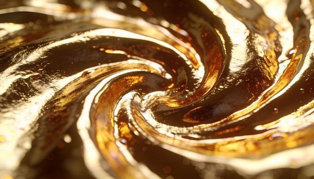 Shimmering golden caramel swirl macro texture with metallic sheen and sparkling bokeh