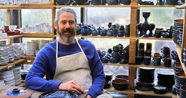 Male artisan wearing an apron, sitting in pottery workshop. Shelves behind him filled with glazed ceramic ware. Picture suitable for showcasing artistry, creative professions, handmade goods, or promotional materials for pottery courses and shops.