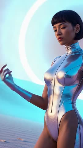 Model rotating wrist beneath glowing ring on twilight dunes in silver futuristic bodysuit