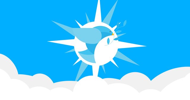 Vector depicts a white dove holding a leaf, flying in a blue sky with clouds and a starburst behind it. Ideal for themes of peace, nature, spirituality, and serenity. Suitable for websites, marketing materials, and educational content related to peace and harmony.