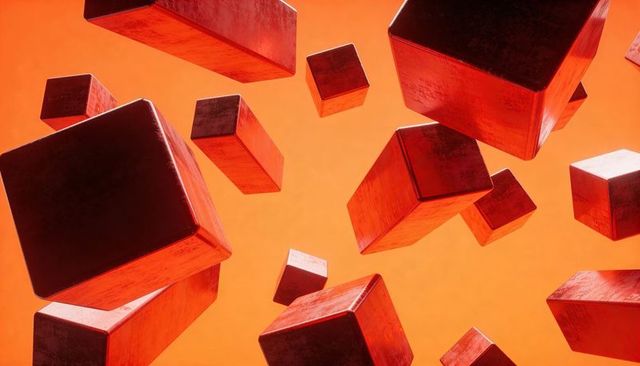 Floating Red Metal Cubes Drifting Across Warm Orange Gradient Background