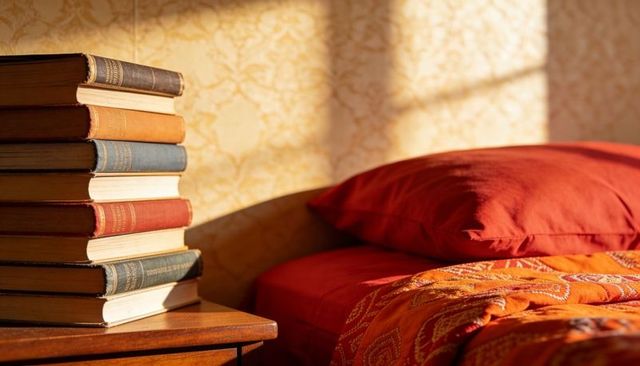 Sunlit vintage hardcover books stacking on wooden nightstand beside warm red bedding