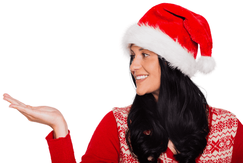 Smiling Woman in Santa Hat Holding Transparent Space for Product