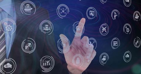 Businessman Engaging with Innovative Touchscreen in Futuristic Environment