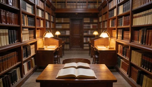 Historic library study table with open books, brass lamps and warm dust motes