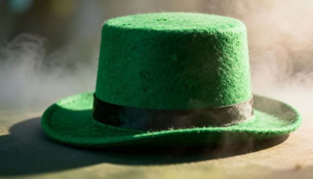 Green Felt Hat Casting Sunlight Glow with Black Satin Band and Smoky Atmosphere