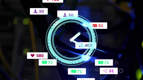 Digital Media Icons Overlaid on Server Room with Clock Animation