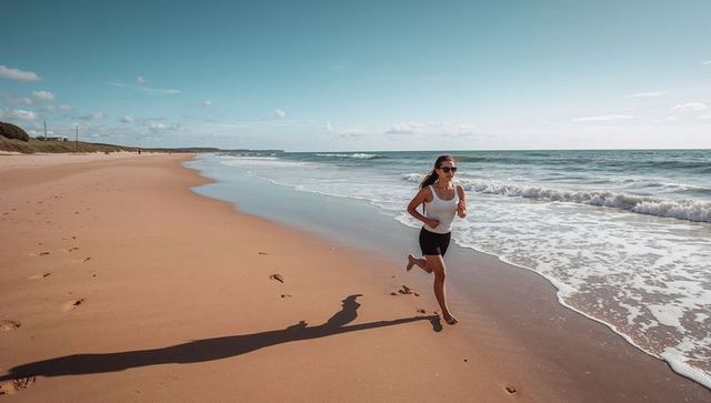 Woman running barefoot along sunlit beach shoreline wearing sunglasses and activewear