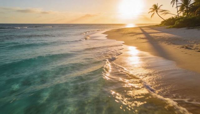 Tropical sunset beach with turquoise waves and palm shadows reflecting golden light