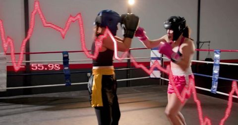 Female Boxers Sparring in Gym Ring with Heart Rate Waveform Overlay and Data Readout