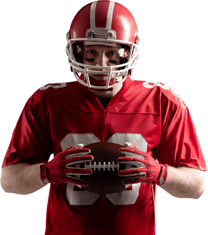 Transparent young american football player with rugby helmet holding ball