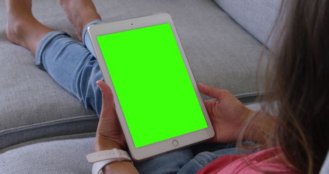 Woman Relaxing on Couch Using Tablet with Green Screen - Download Free Stock Images Pikwizard.com