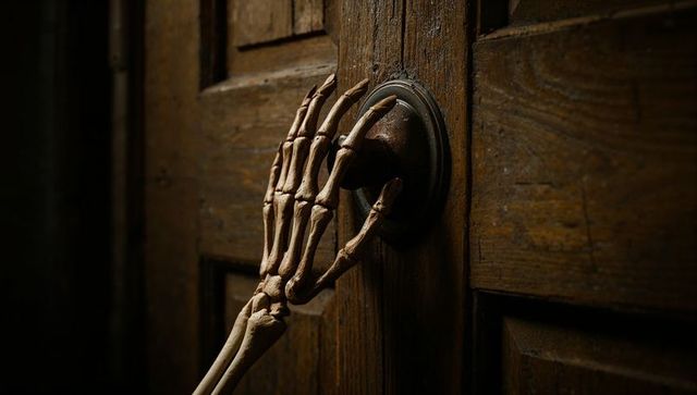 Skeletal hand on antique door creates tense mood