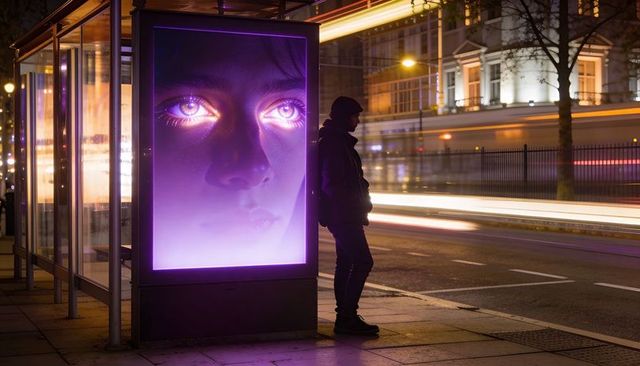 Glowing purple face billboard lighting bus shelter, hooded man waiting in silhouette