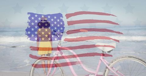 Patriotic Summer Beach Scene with American Flag Overlay