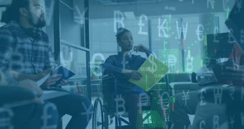 Diverse Team Discussing Financial Data in Office with Virtual Graphics