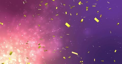 Golden confetti explosion on purple pink gradient with sparkling bokeh glow