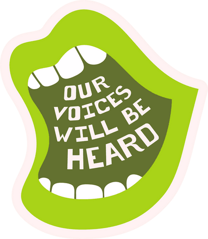 Active voices: stylized open mouth with bold slogan on transparent background