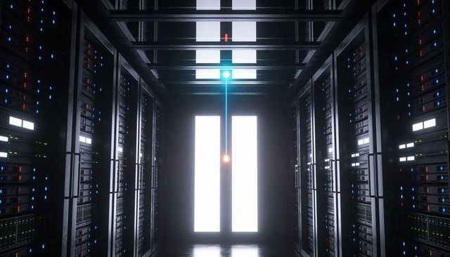 Futuristic data center corridor featuring backlit double doors and cyan-orange energy beam