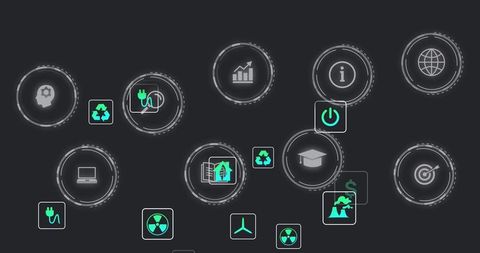 Futuristic eco-tech icons on digital screen highlighting innovation