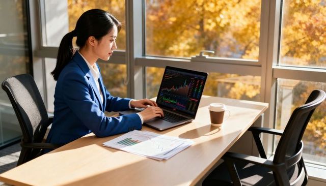 Businesswoman analyzing live stock charts on laptop in sunlit autumn office with coffee