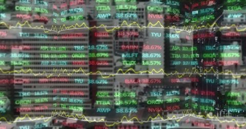 Digital Financial Data Overlaid on City Skyline Representing Global Market Trends