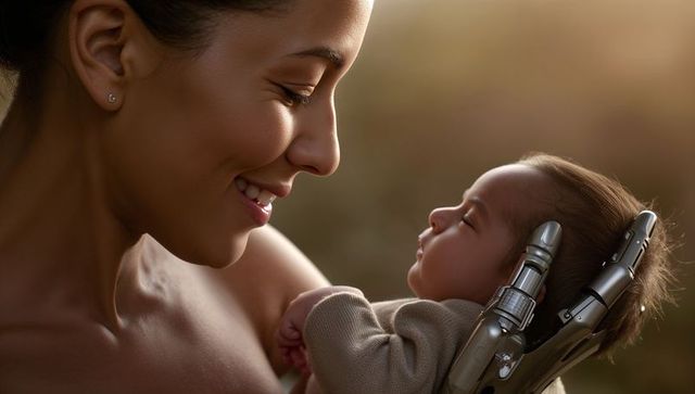 Mother Holding Baby with Futuristic Arm Outdoor at Sunset