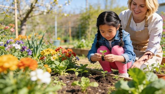 Child planting seedling with caregiver in colorful sunny garden learning hands-on gardening