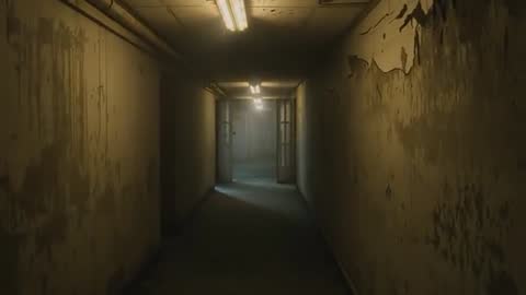 Eerie Abandoned Basement Hallway with Peeling Paint