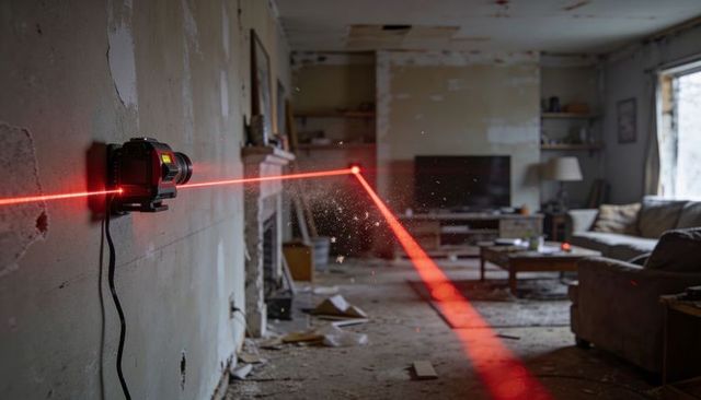 Casting red laser beams across dilapidated living room for renovation alignment