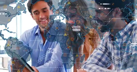 Colleagues Analyzing Digital Data with World Map Visualization