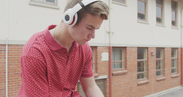 Young man wearing headphones and a casual red polka dot shirt, sitting outdoors near a brick building, absorbed in listening to music. Useful for content related to youth lifestyle, music enjoyment, technology use among teens, and outdoor activity.