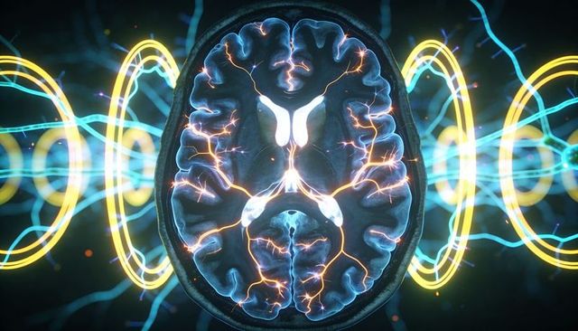 Glowing axial brain cross-section pulsing with neural circuits and electric arcs
