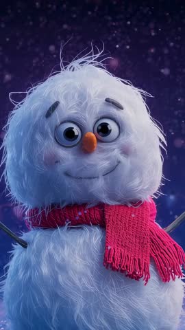 Blinking Furry Snowman Wearing Red Scarf Smiling Under Starry Night Snowfall Vertical Holiday Video
