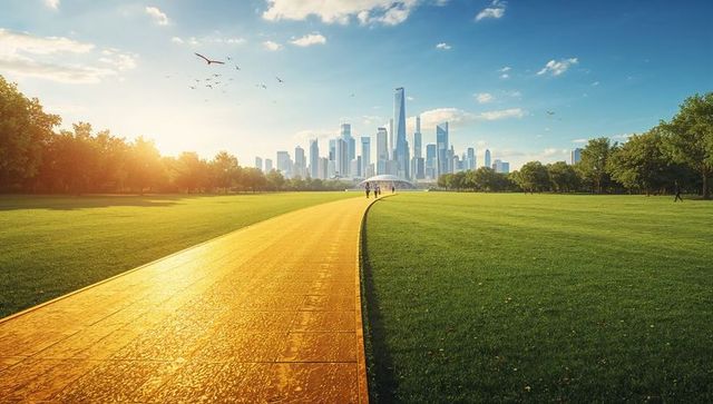 Golden pathway leading through park toward city skyline at sunrise with domed pavilion